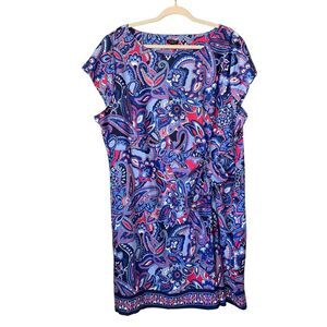 Talbots Plus Petite blue‎ & pink paisley stretch dress with cap sleeve. Size 3Xp